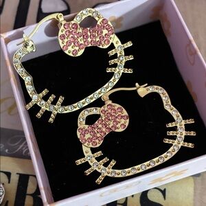 Gold-Tone Hello Kitty Outline Hoop Earrings with Pink Crystal Bows